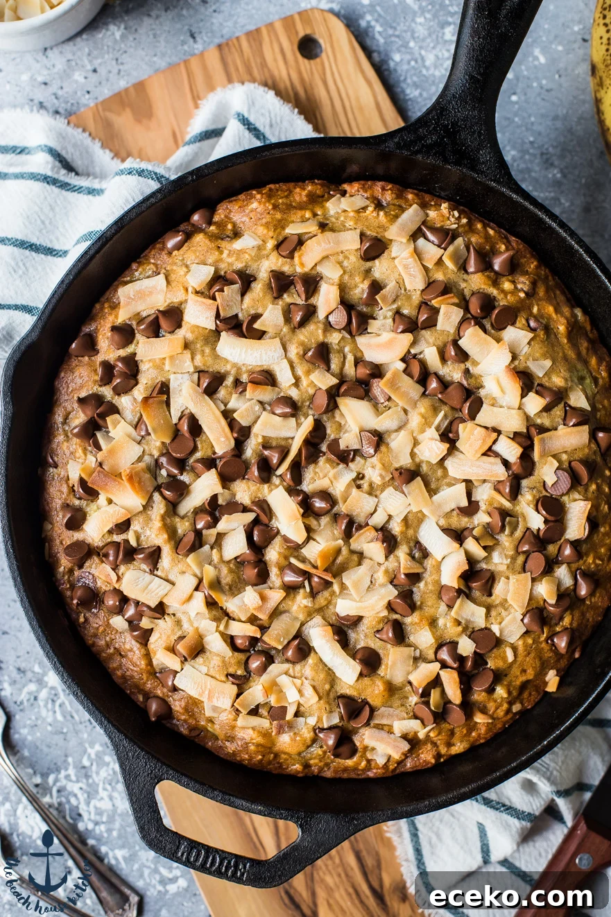 Skillet Banana Bread with Coconut and Chocolate Chips 3 Up close overhead photo of Coconut Chocolate Chip Skillet Banana Bread