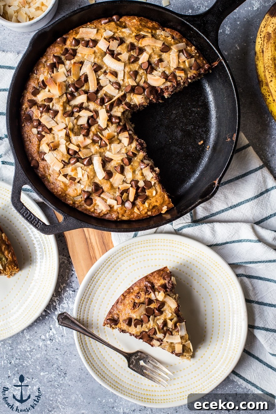 Skillet Banana Bread with Coconut and Chocolate Chips 4 Overhead photo of a skillet of banana bread with chocolate chips and coconut