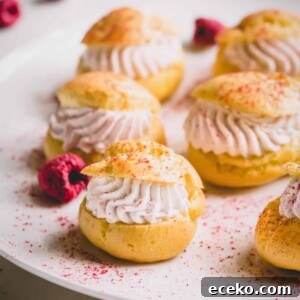 Raspberry Crème Puffs with Vanilla Cream Filling 11 Mini raspberry cream puffs on a white platter dusted with freeze-dried raspberry powder.