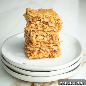 Vegan Apple Pie Bars with Cinnamon Streusel 25 Stack of three apple pie bars with tiny pieces of apples in a thick jammy sauce, nestled between layers of flakey vegan crust.