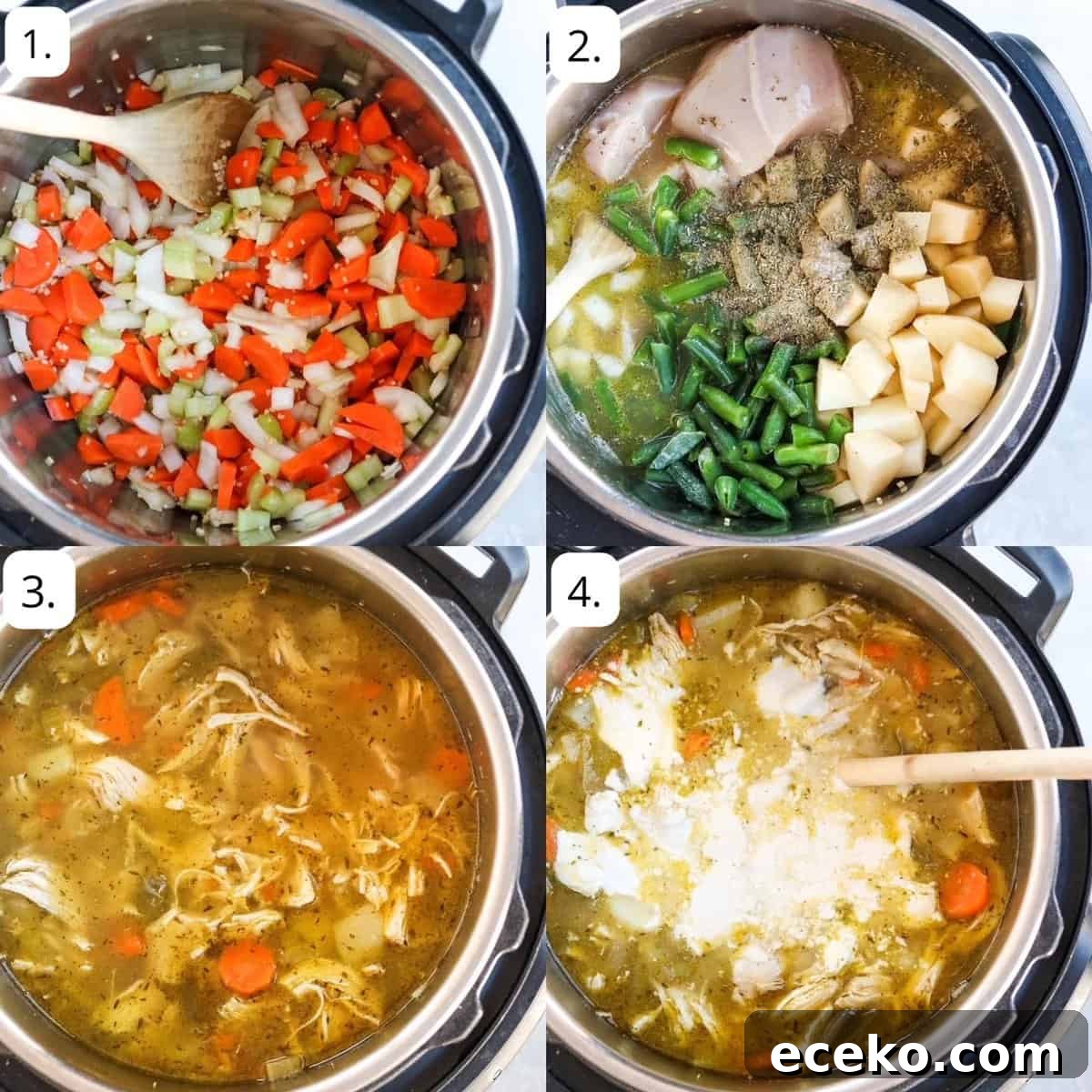 Creamy Chicken Pot Pie Soup with Vegetables 4 four steps for making chicken pot pie soup in the instant pot