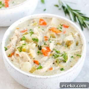 Creamy Chicken Pot Pie Soup with Vegetables 7 Paleo Chicken Pot Pie Soup with chicken, carrots, celery, and herbs in a white bowl on a gray surface with rosemary