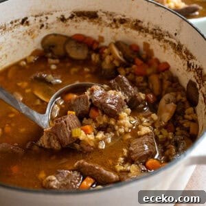Hearty Beef, Barley and Mushroom Soup 15 Beef and barley soup in a pot.