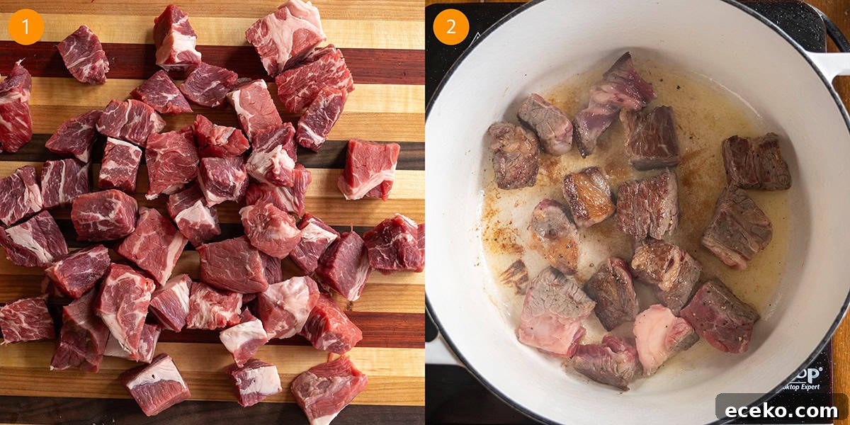 Hearty Beef, Barley and Mushroom Soup 4 1 inch chunks of beef chuck roast searing in a dutch oven.