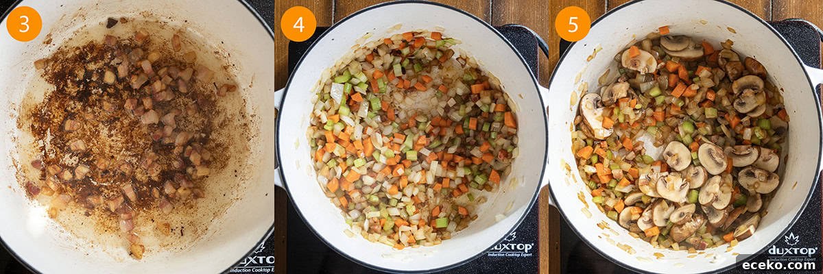 Hearty Beef, Barley and Mushroom Soup 5 Sauteing pancetta and vegetables in dutch oven.