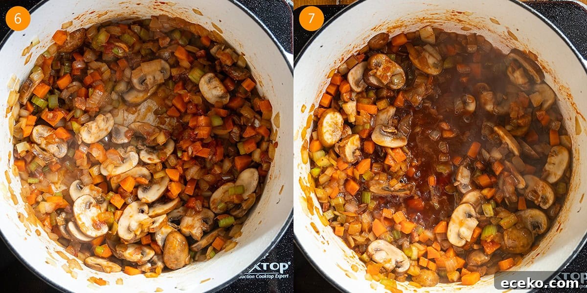 Hearty Beef, Barley and Mushroom Soup 6 Caramelizing tomato paste and simmering red wine with vegetables in dutch oven.