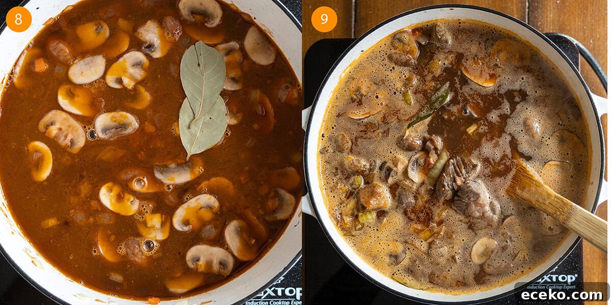 Hearty Beef, Barley and Mushroom Soup 8 Simmering broth with beef returned to dutch oven.