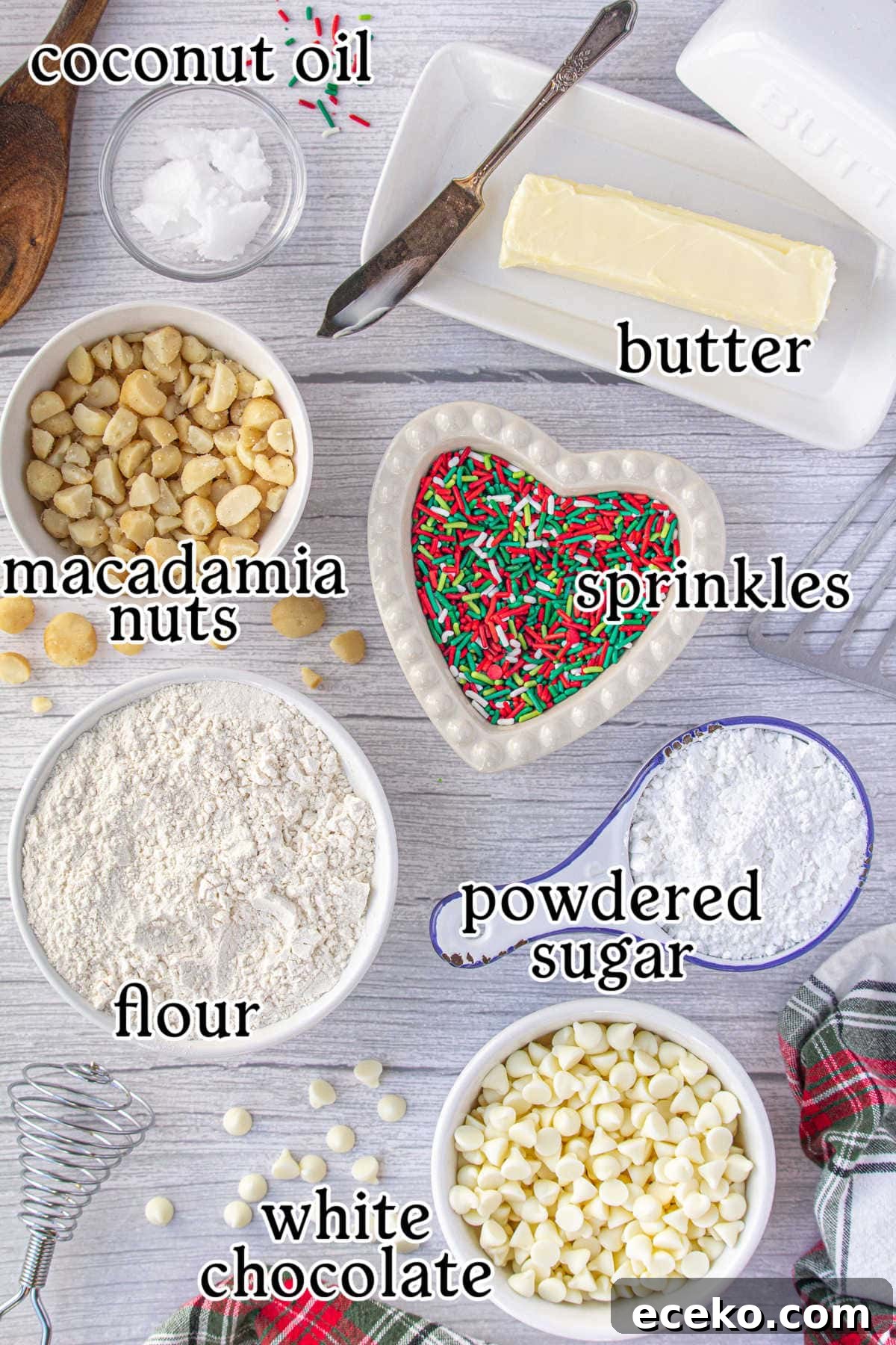 Hawaiian Shortbread Cookies with Coconut and Macadamia 3 Labeled ingredients for this recipe.